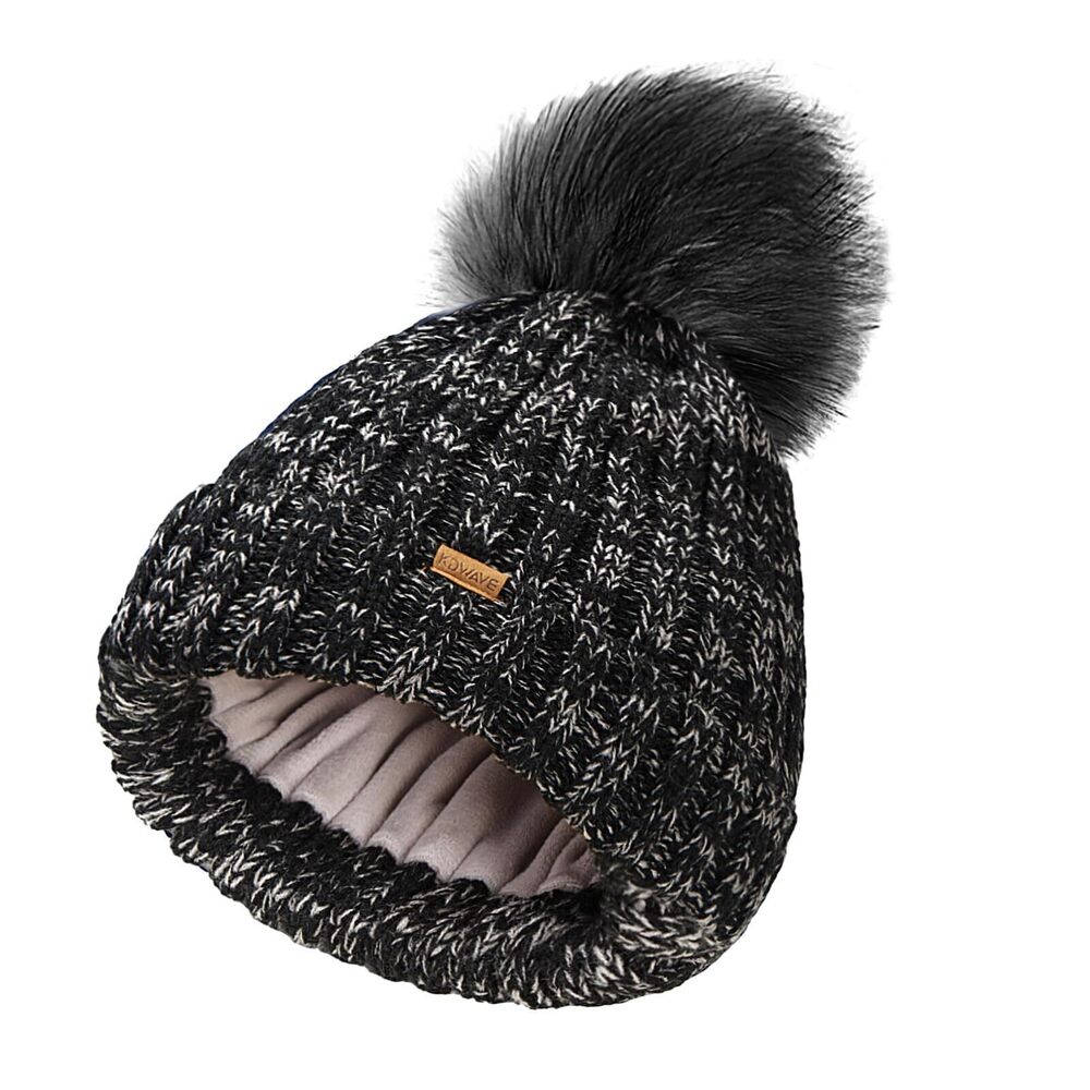 2951 Winter Hats with Knitted Beanie Hat Thick Lined Removable Faux Fur Pom